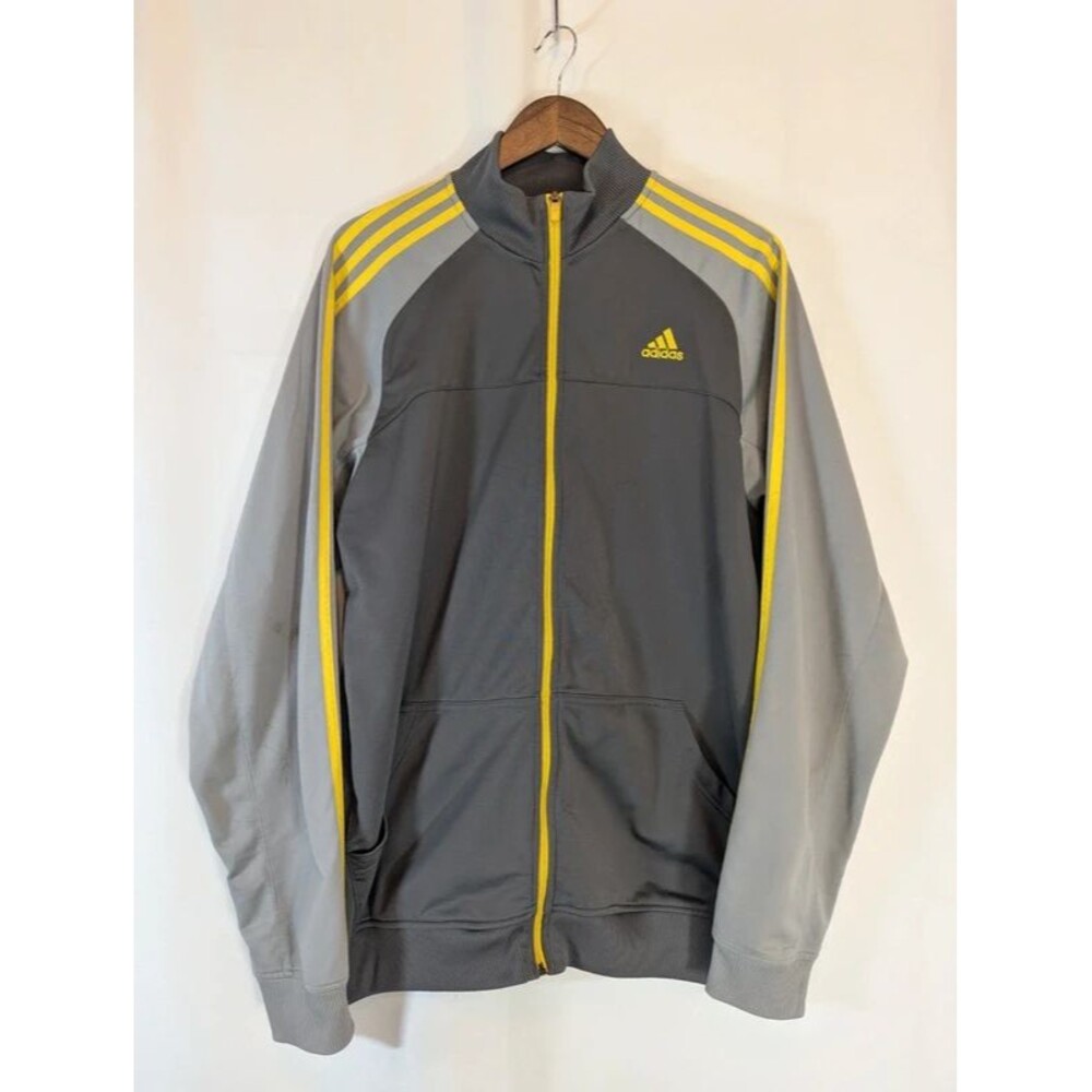 Adidas Mens Track Jacket XL Gray Yellow 3-Stripe Full Zip Sweatshirt